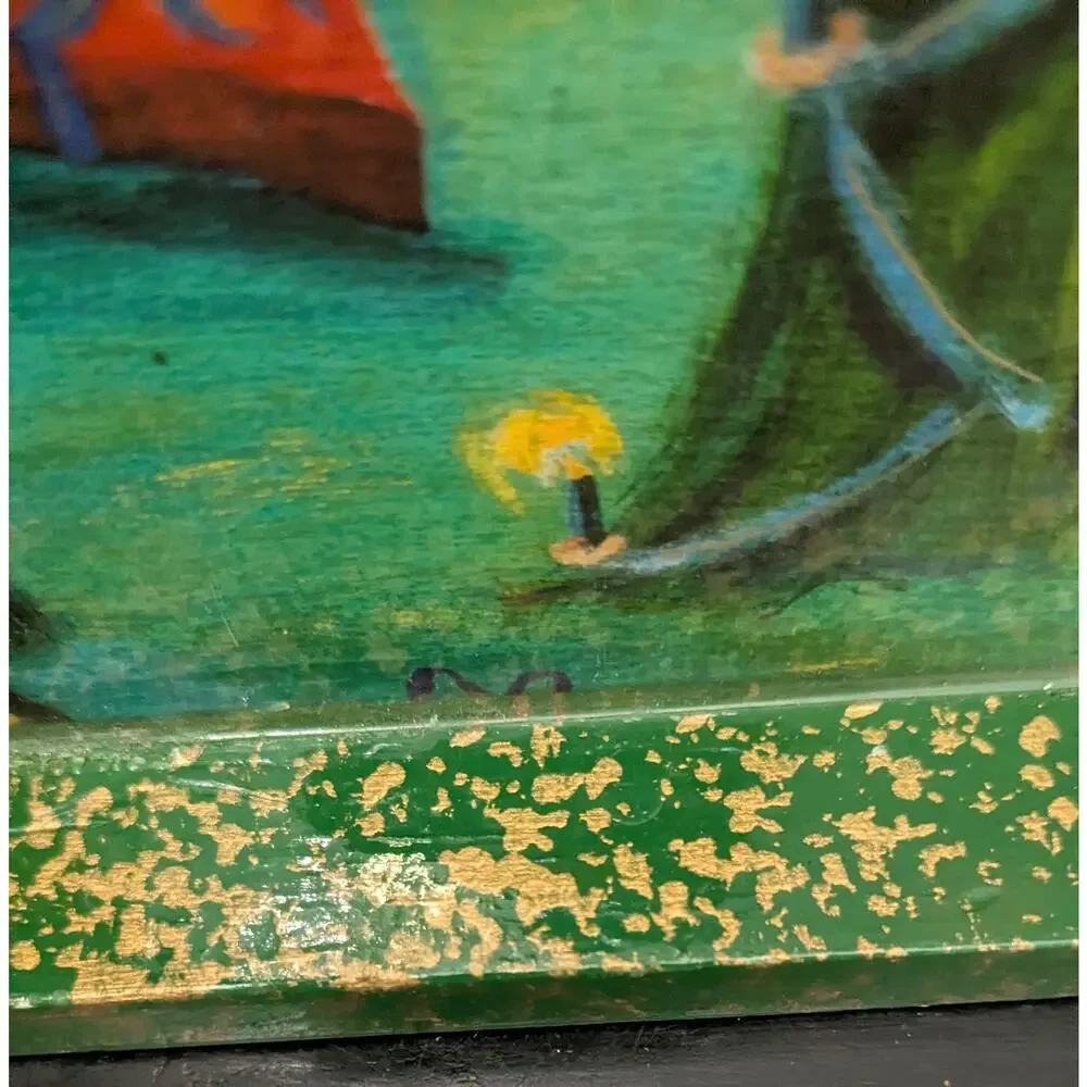 Artist Cynthia Carey - TRAY CHIC 1995 Laquered Wood Tray Green Festive Ladies
